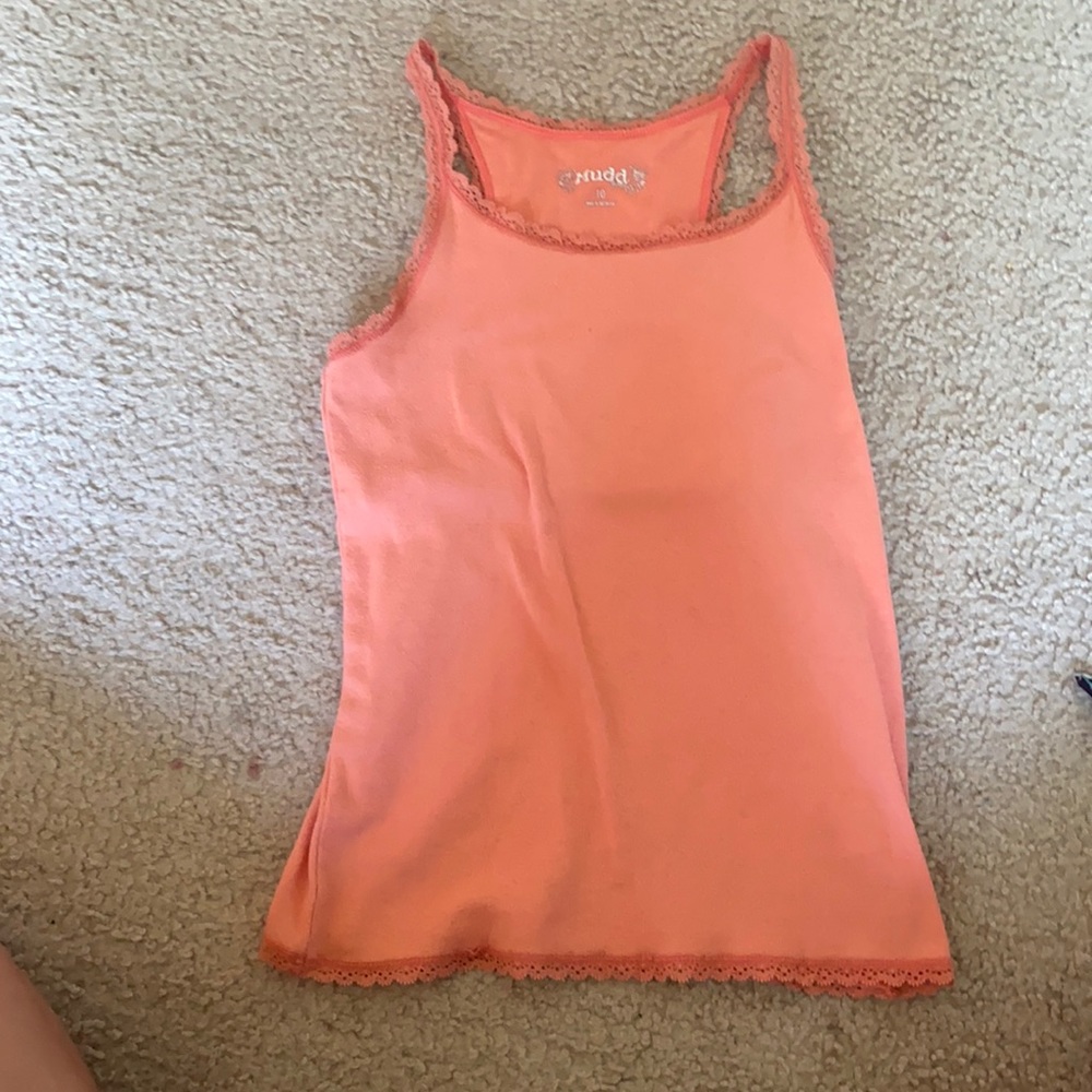 orange-peach colored lace tank top